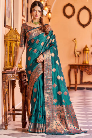 Buy Peacock Green Zari Woven Silk Saree Online