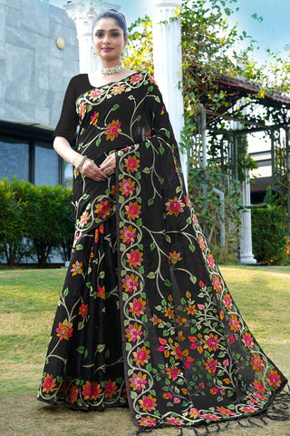 Black Floral Printed Soft Cotton Saree