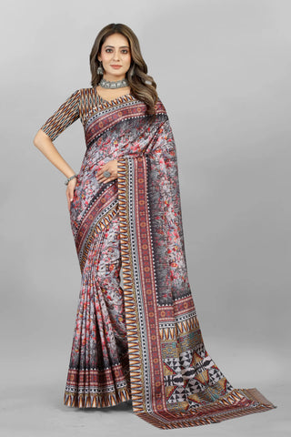 Brown Floral Print Saree