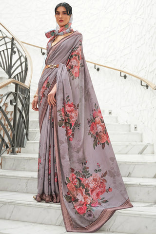 Dusty Brown Digital Print Satin Crepe Saree