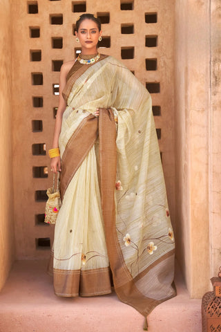 Cream Designer Border Linen Silk Saree