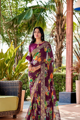 Wine Berry Floral Printed Pure Georgette Saree