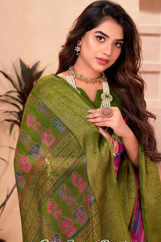 Green Soft Cotton Saree Digital Print with Jacquard Border