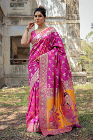 Rani Pink Pure Golden Zari Banarasi Saree