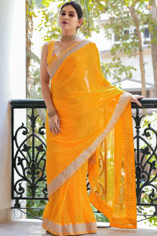 Orange Yellow Georgette Zari Embroidered Designer Saree