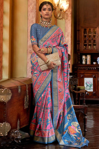 Pink & Steel Blue Digital Printed Tussar Silk Saree