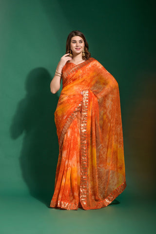 Buy Orange Marble Print Chiffon Saree Online