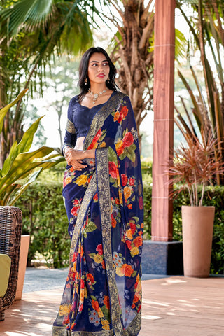 Blue Bunting Floral Printed Pure Georgette Saree