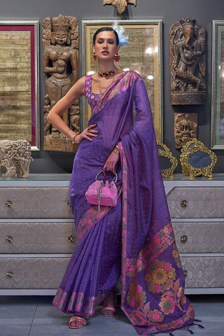 Violet Sequins Work Floral Border Organza Saree