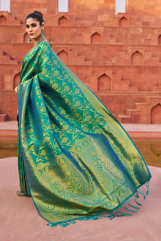 Green Banarasi Silk Saree With Golden Zari Work