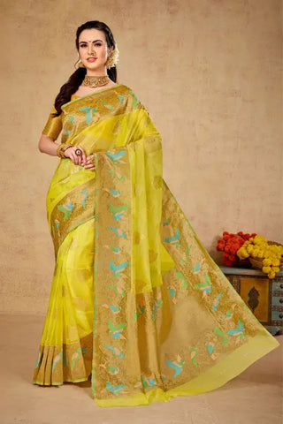 Lemon Yellow Organza Saree