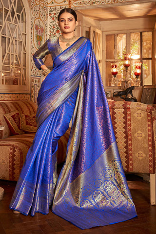 Buy Royal Blue Self Design Banarasi Silk Saree Online
