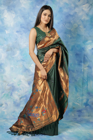 Bottle Green Pure Silk Saree with Golden Zari Border