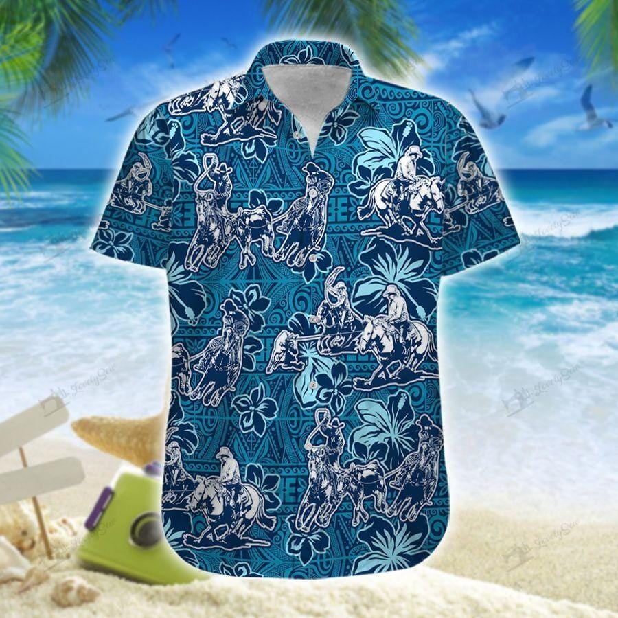 Team Roping Cowboy Blue Tribal Pattern Unisex Hawaiian Shirts{Size}