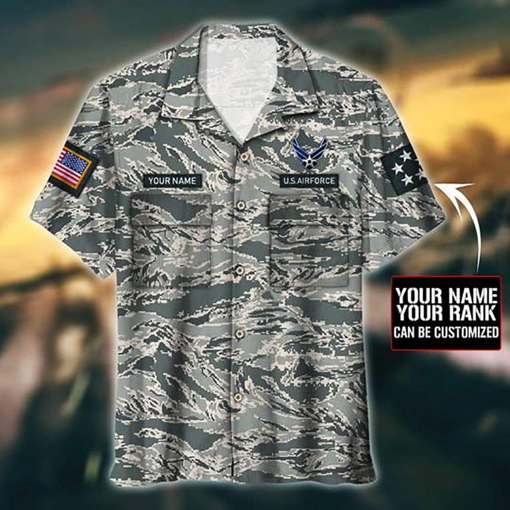 U.S Air Force Camo Custom Name & Rank Hawaiian Aloha Shirts - Beach Shorts #Kv{Size}