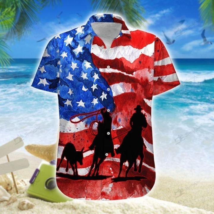 Us Team Roping Water Color Flag Unisex Hawaiian Shirts - Beach Shorts{Size}