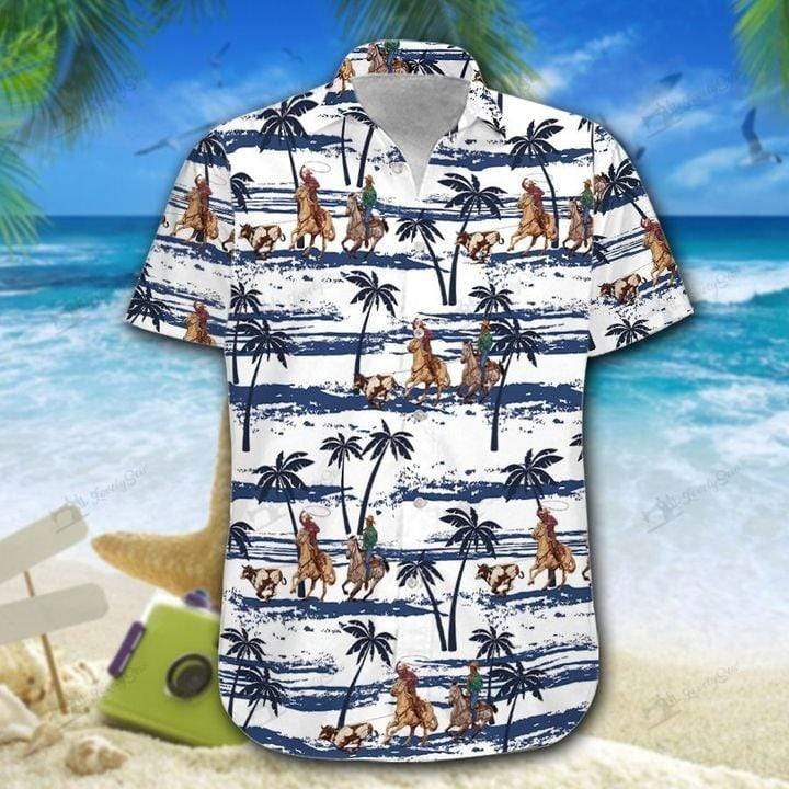 Simple Team Roping Palm Tree White Blue Unisex Hawaiian Shirts - Beach Shorts{Size}