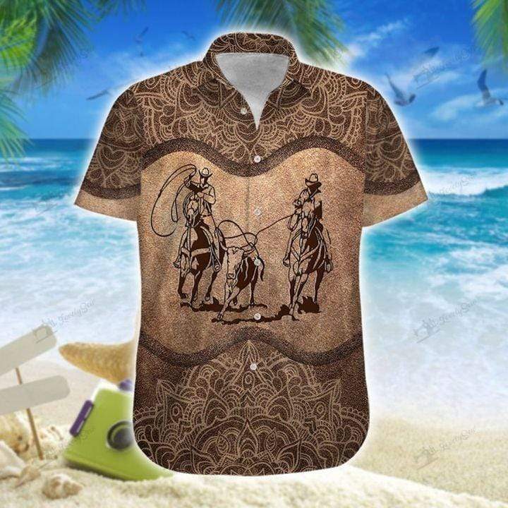 Team Roping Brown Mandala Pattern Unisex Hawaiian Shirts - Beach Shorts{Size}