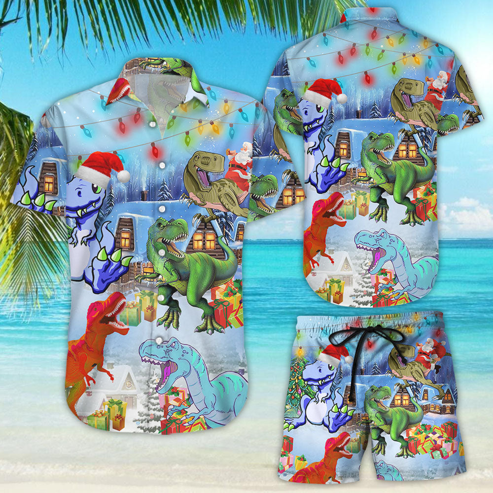 T-Rex Hawaiian Shirts - Aloha Christmas T-Rex Santa Christmas Button Down Shirts - Best Beach Gifts{Size}