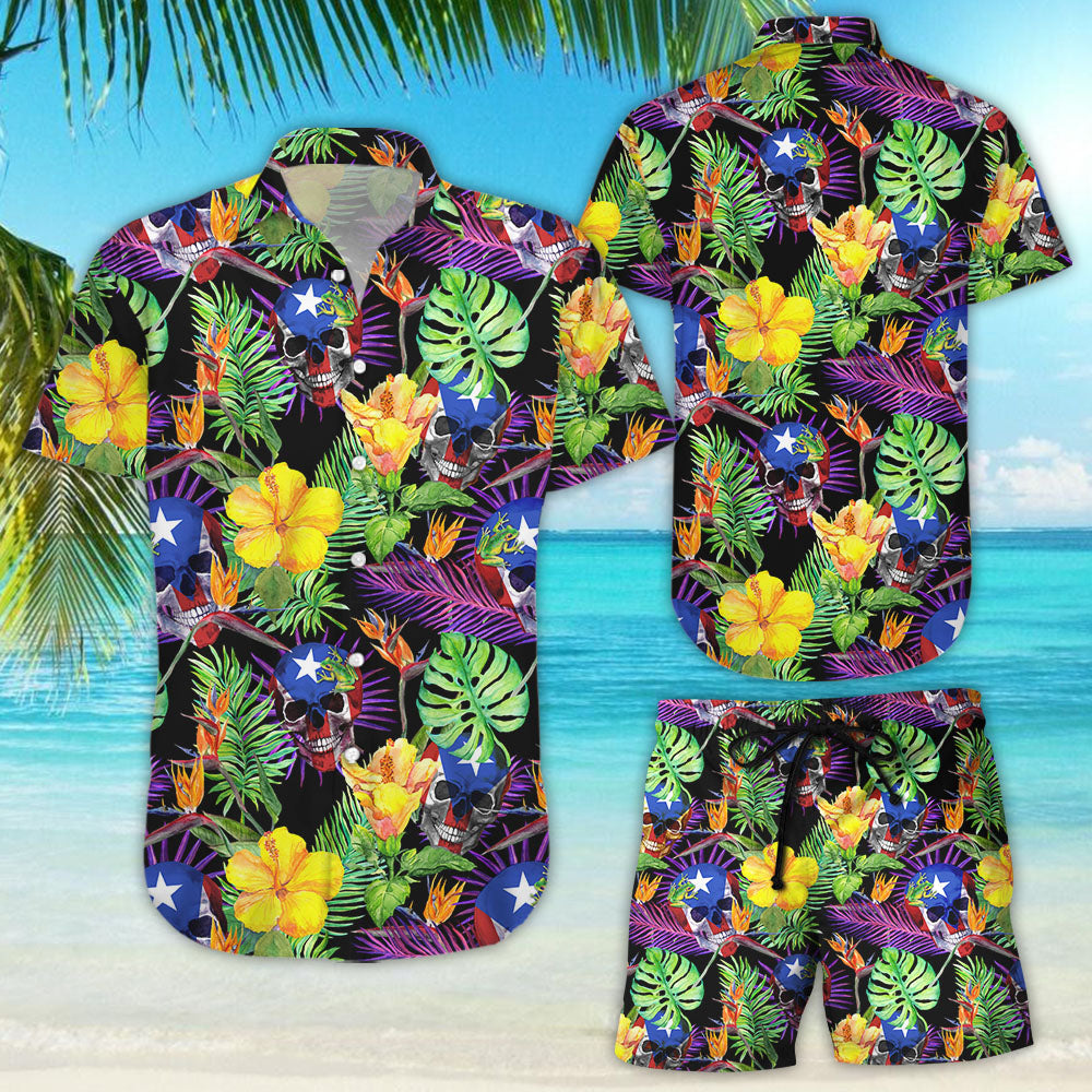 Yellow Hawaiian Flower Shirt - Puerto Rico Skull Tropical Flowers Hawaiian Shirt - Summer Gift Ideas{Size}