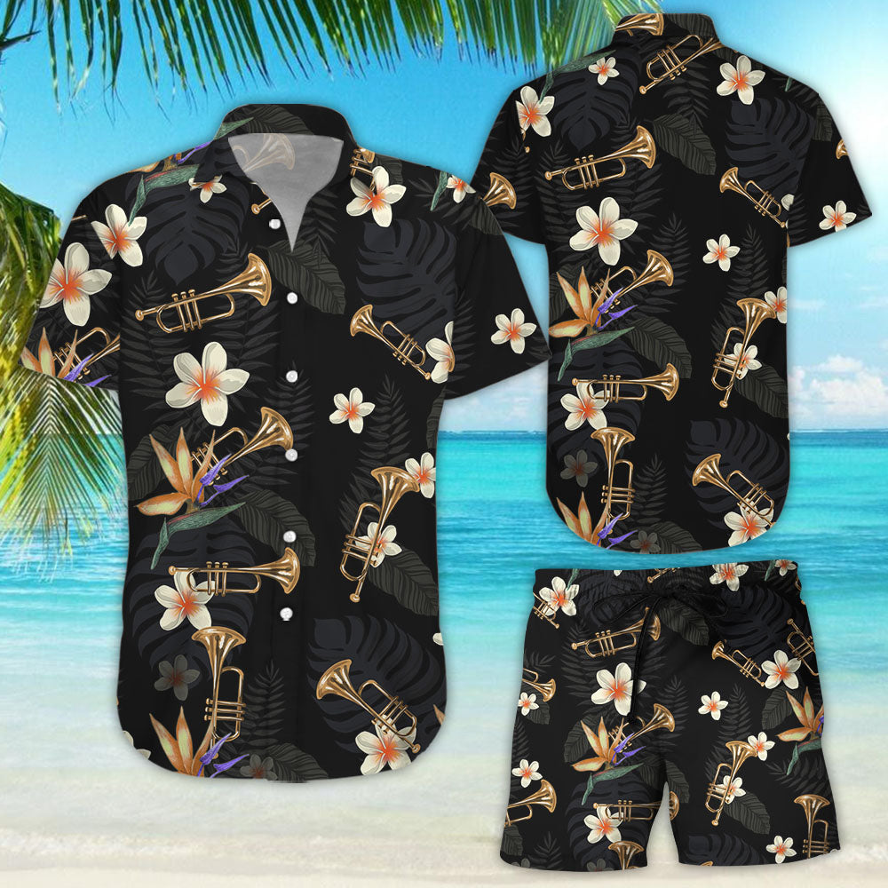 Trumpet Tropical Flowers Men Hawaiian Shirt For Instrument Lovers{Size}