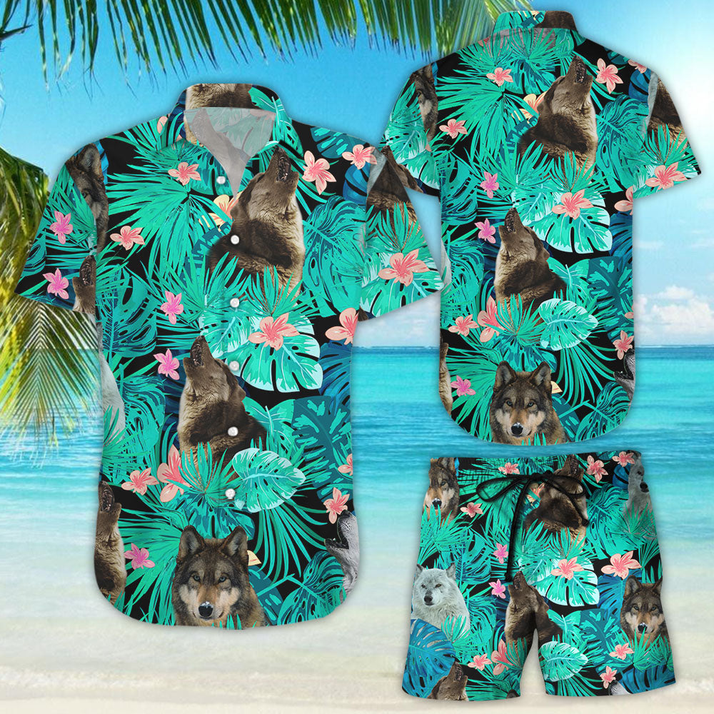 Wolf Hawaiian Shirt - Wolf Flower Tropical Button Down Shirt - Tropical Themed Gift Ideas{Size}