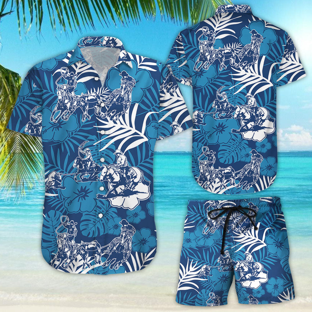 Tropical Hawaiian Shirt - Awesome Team Roping Blue Tropical Hawaiian Shirts - Gifts For Summer Holiday{Size}