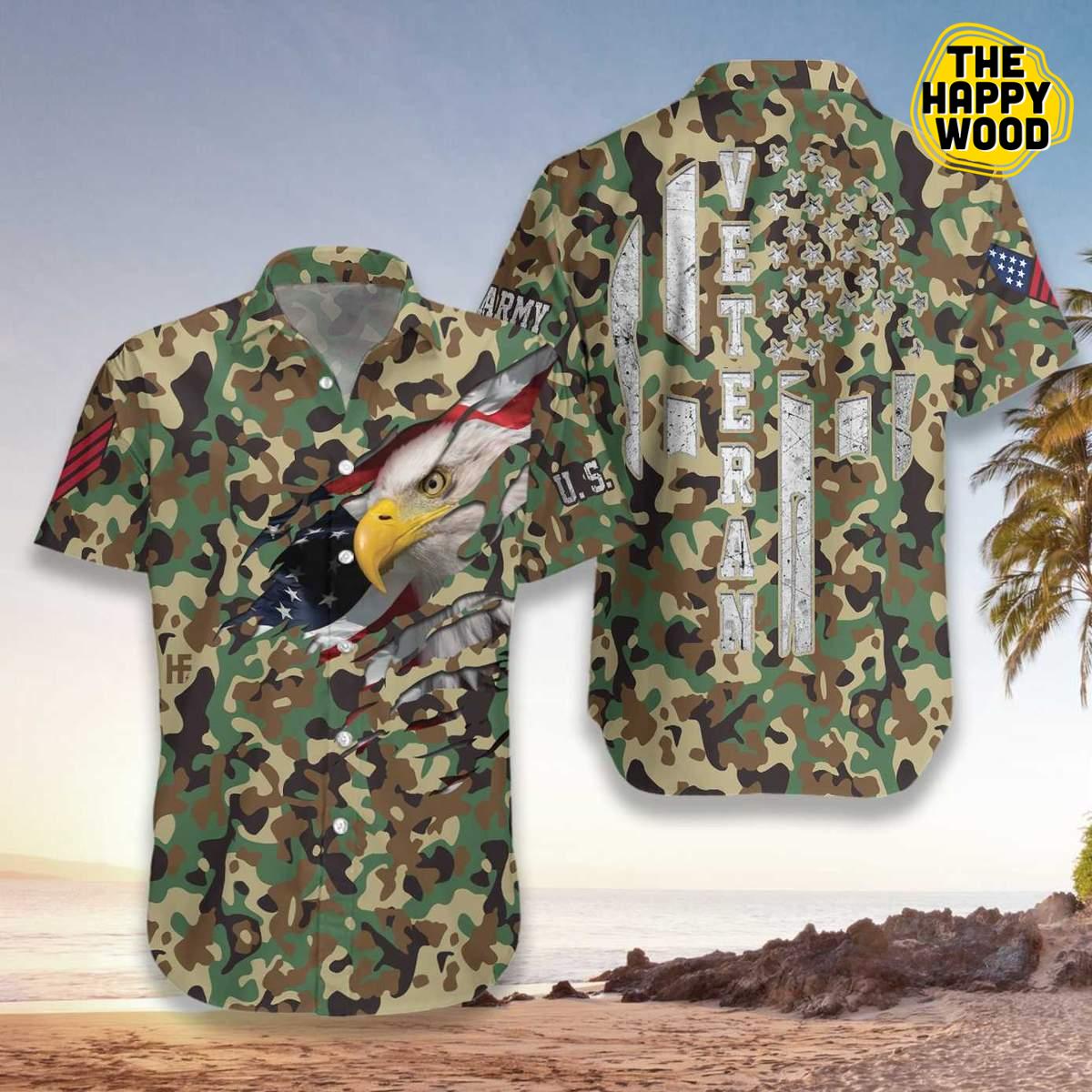 Veteran Proud US Woodland Camouflage 3D Hawaiian Hawaii Shirt{Size}