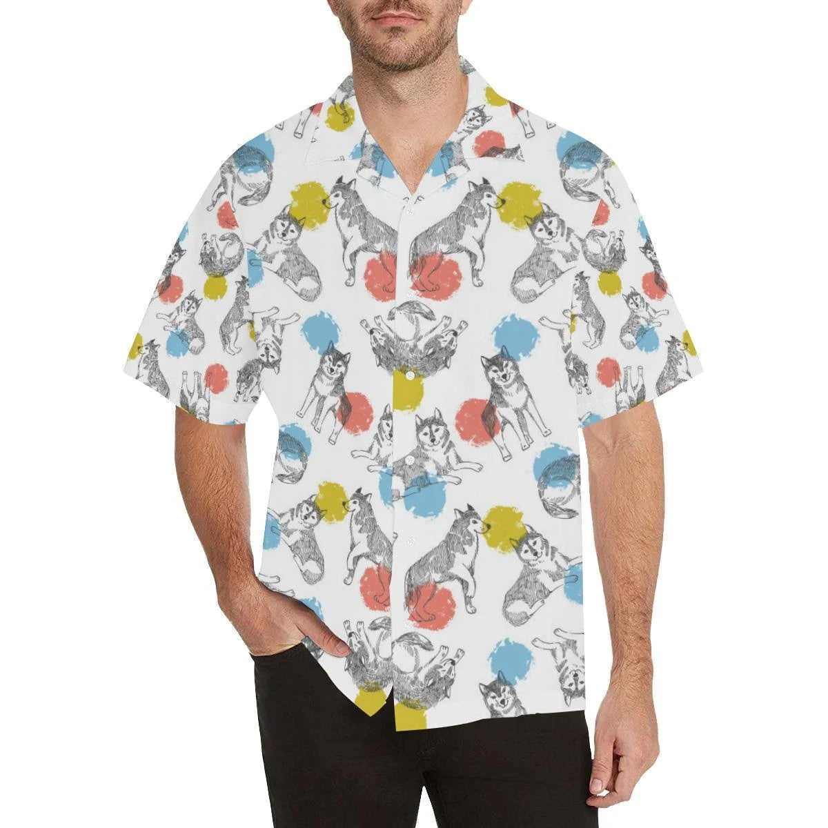 Siberian Husky And Colorful Circle Pattern All Over Printed Hawaiian Shirt Size S - 5Xl{Size}