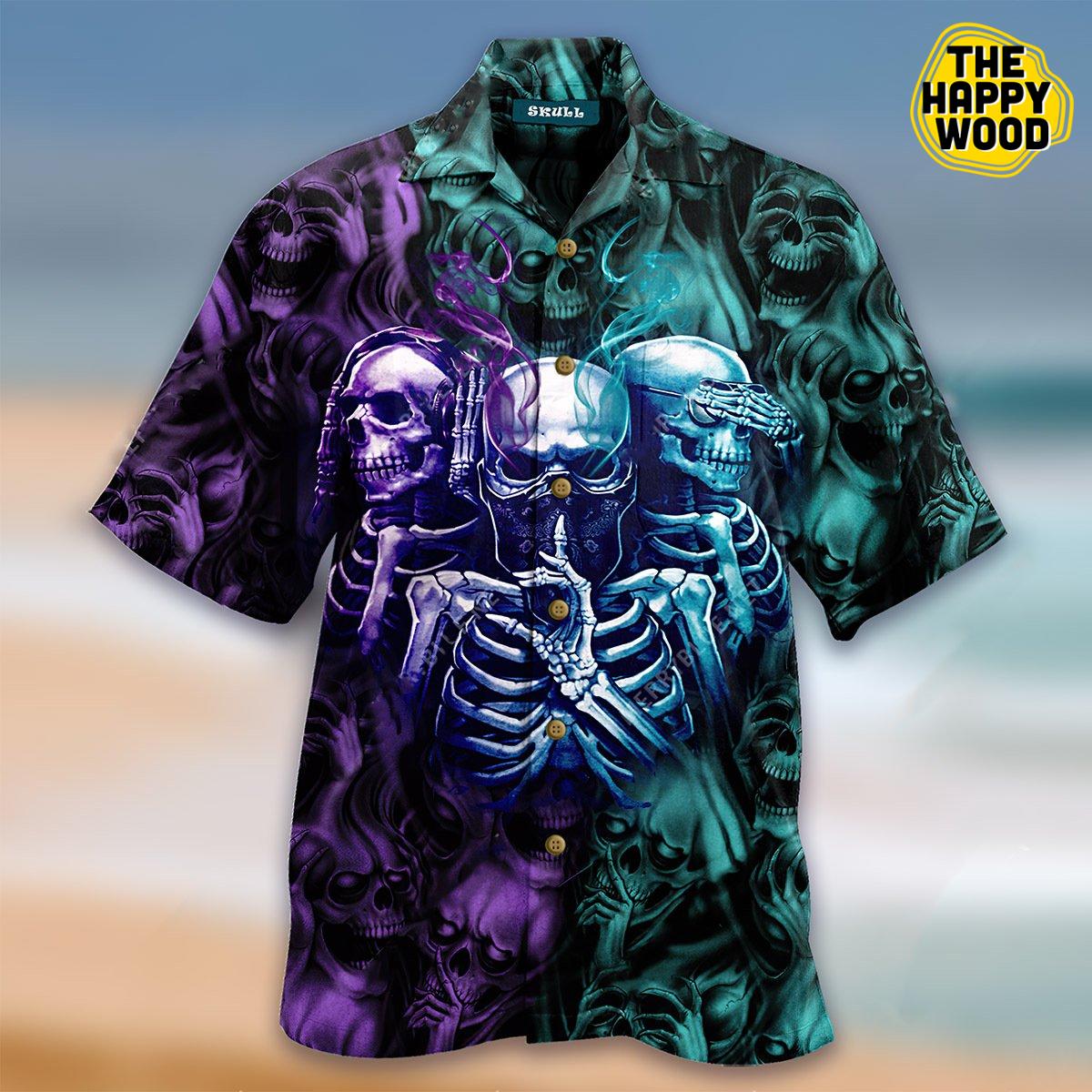 Skull Hear No, Speak No, See No Evil 3D Hawaiian Hawaii Shirt{Size}