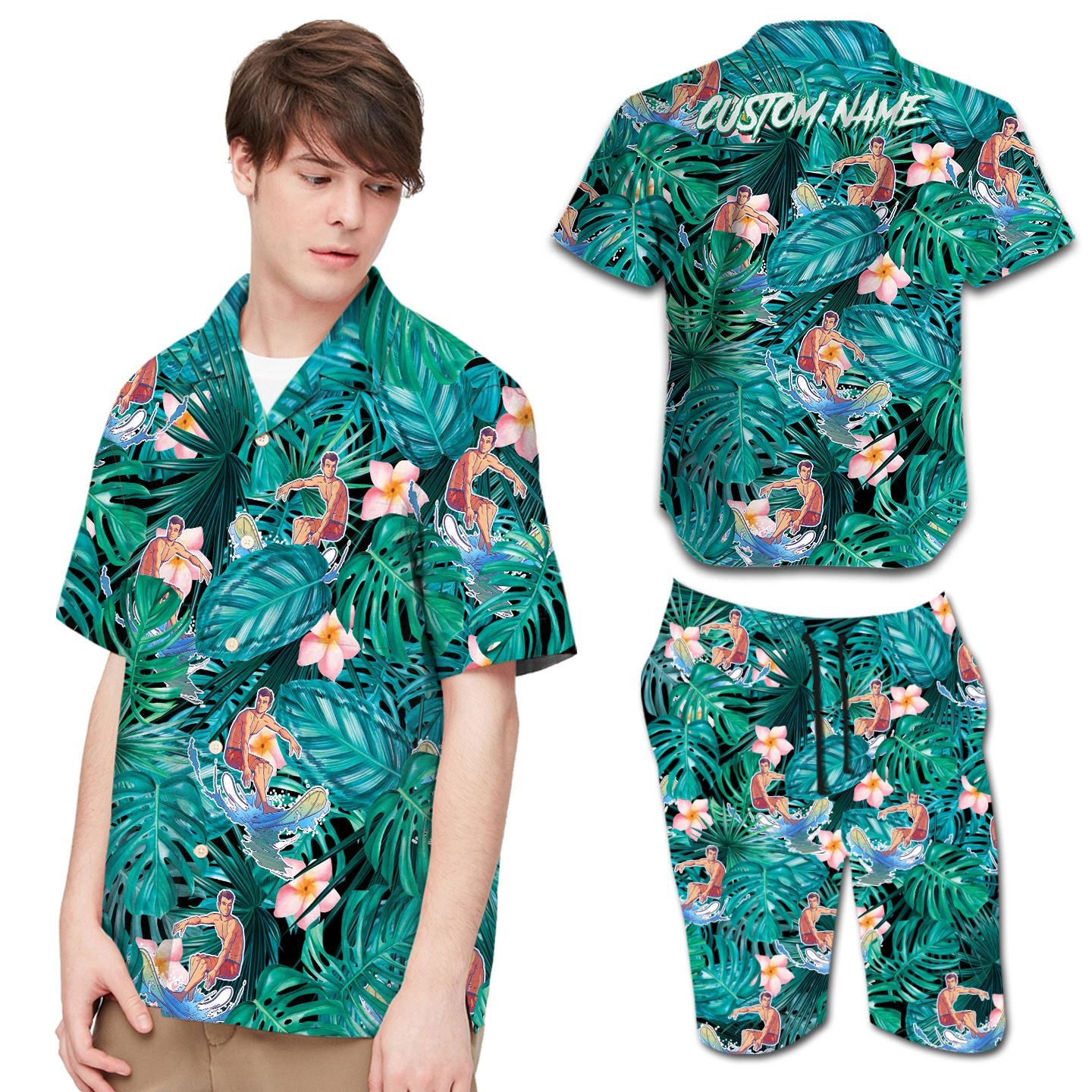 Surfing Plumeria Tropical Leaves Custom Name Hawaiian Shirt For Men In Daily Life{Size}