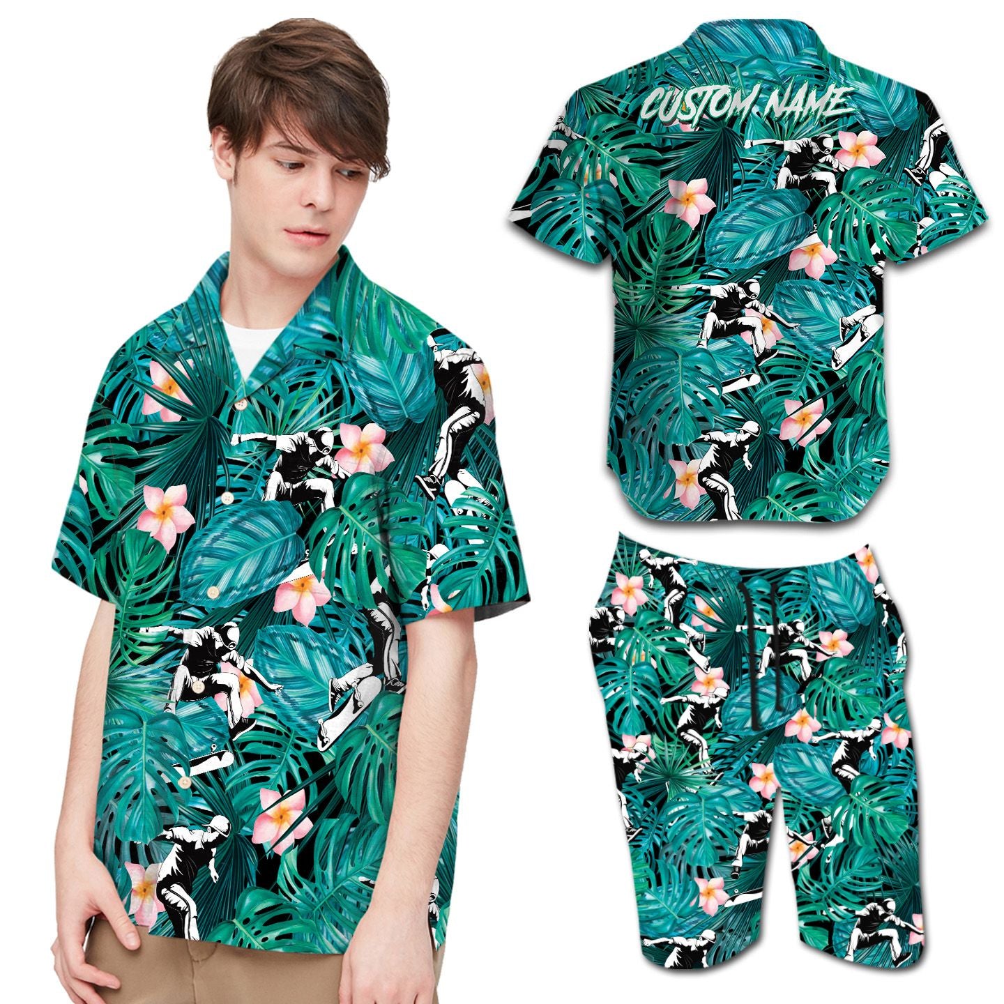 Skateboarding Plumeria Tropical Leaves Custom Name Hawaiian Shirt For Men In Daily Life{Size}