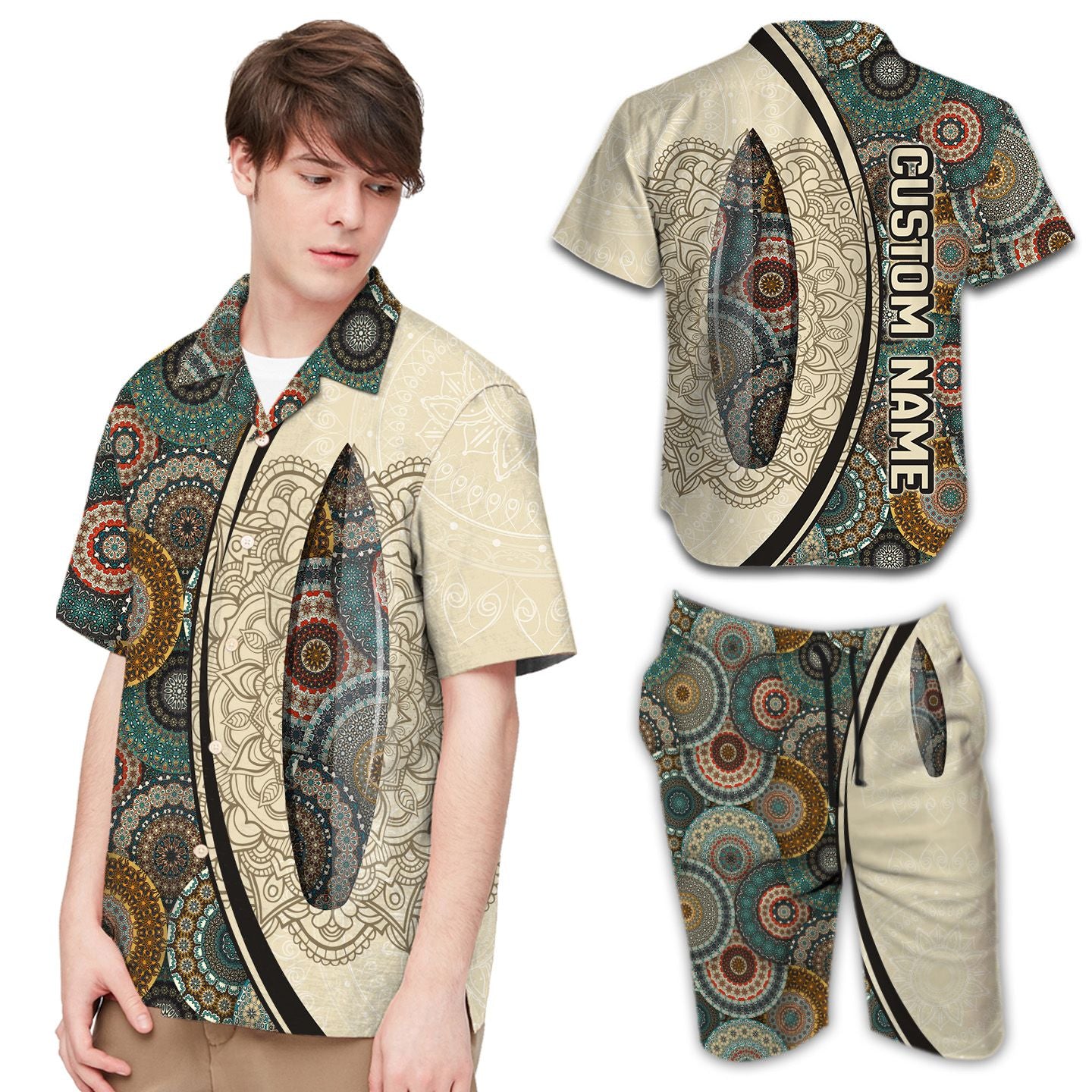 Surfing Mandala Pattern Custom Name Men Hawaiian Shirt For Sport Lovers{Size}