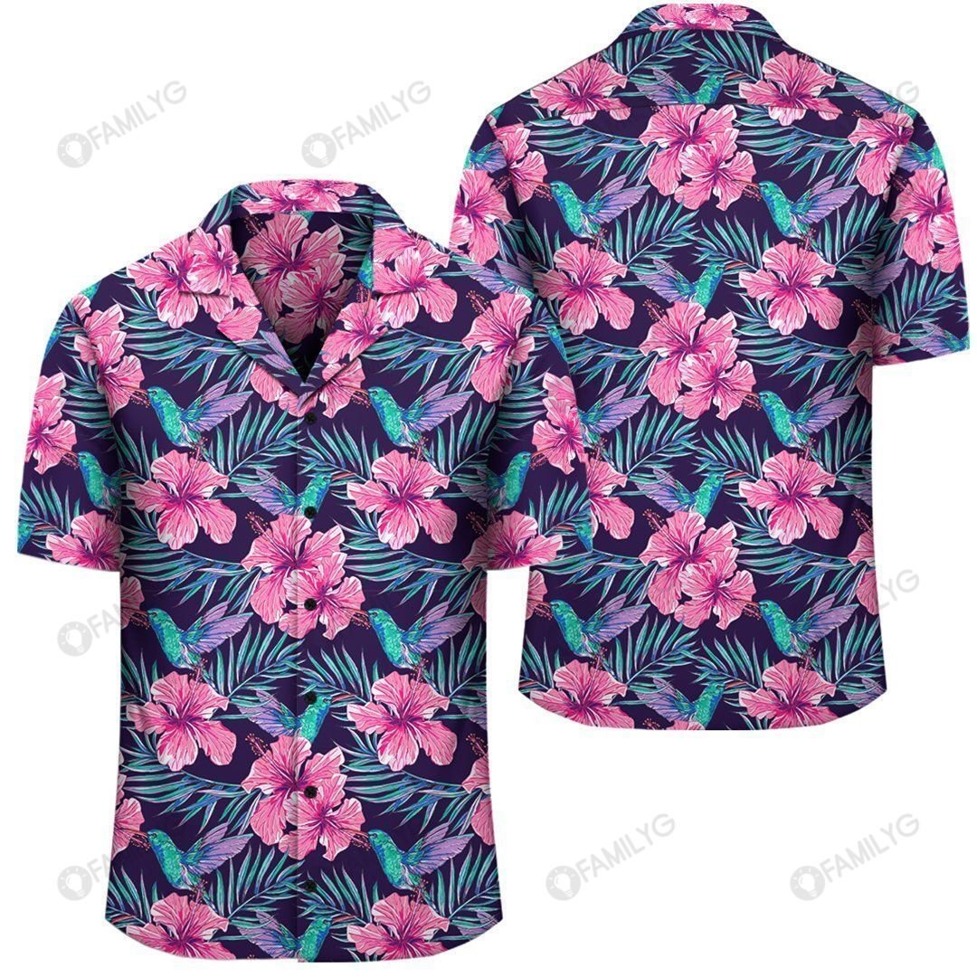 Tropical Flowers With Hummingbirds Palm Leaves Hawaiian Shirt â AH â J1{Size}