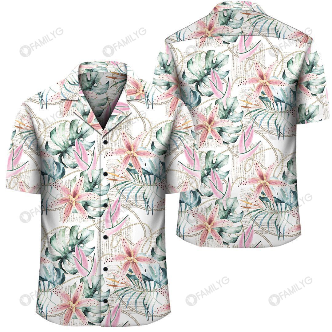 Tropical Pattern With Orchids Leaves And Gold Chains Hawaiian Shirt â AH â J1{Size}