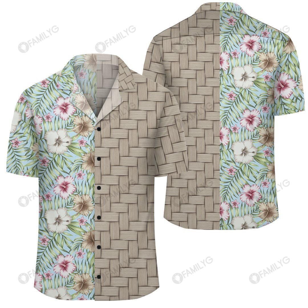 Tropical Hibiscus Palm Leaves Lauhala Moiety Hawaiian Shirt