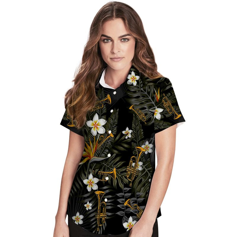 Trumpet Tropical Flowers Women Hawaiian Shirt For Instrument Lovers{Size}