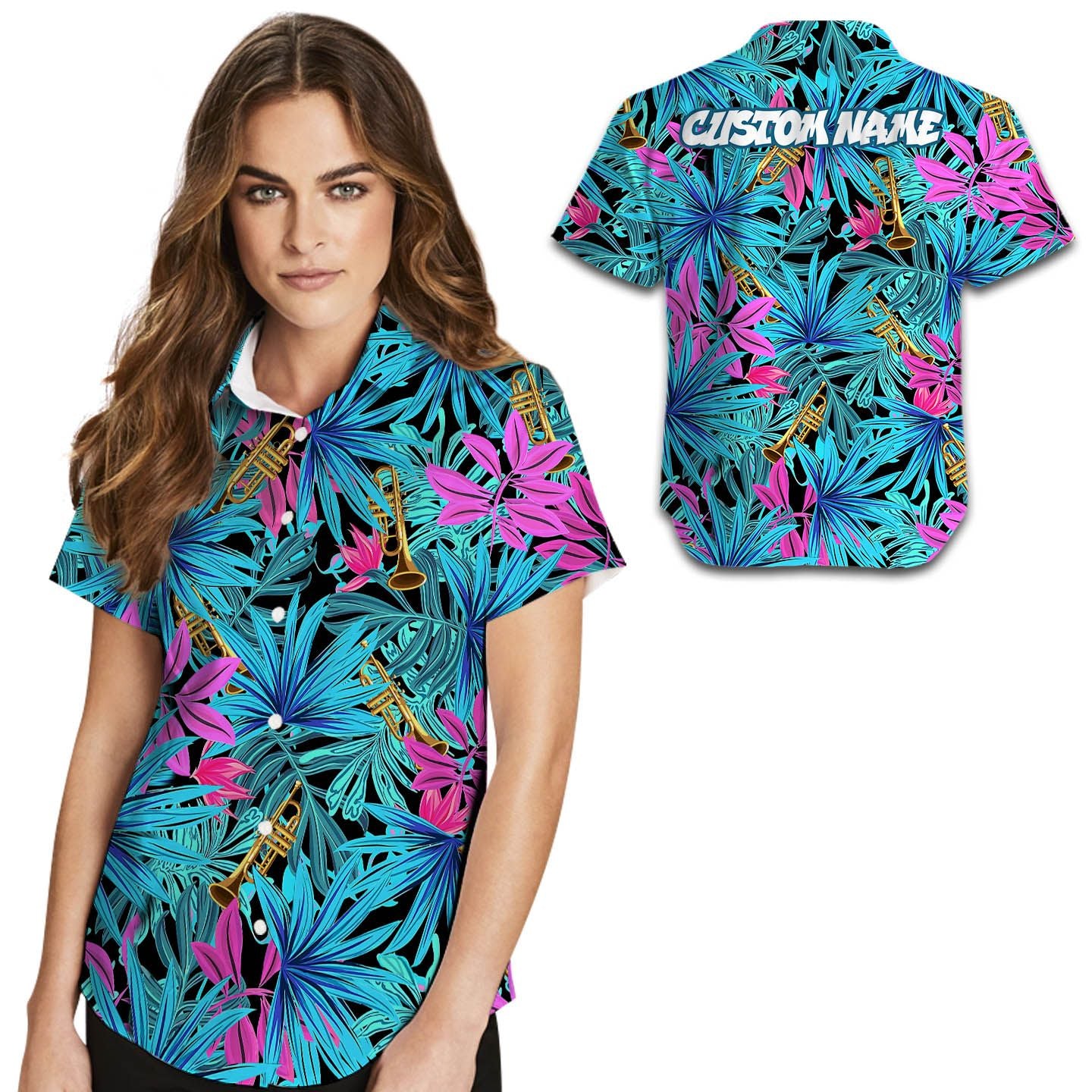 Trumpet Tropical Leaves Custom Name Women Hawaiian Shirt For Music Lovers In Daily Life{Size}