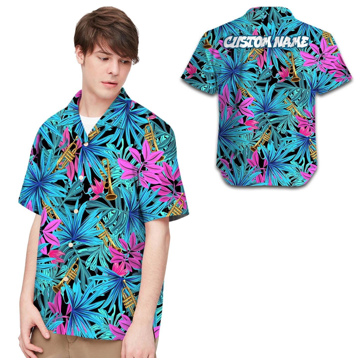 Trumpet Tropical Leaves Custom Name Men Hawaiian Shirt For Music Lovers In Daily Life{Size}