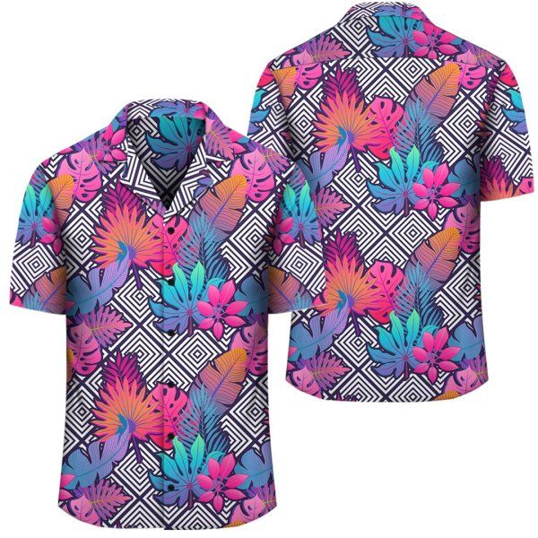 Tropical Exotic Leaves And Flowers On Geometrical Ornament Hawaiian Shirt{Size}