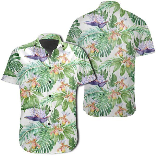 Tropical Orange Orchids Strelitzia Monstera Hawaiian Shirt{Size}