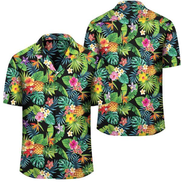 Tropical Pattern With Pineapples Palm Leaves And Flowers Hawaiian Shirt{Size}