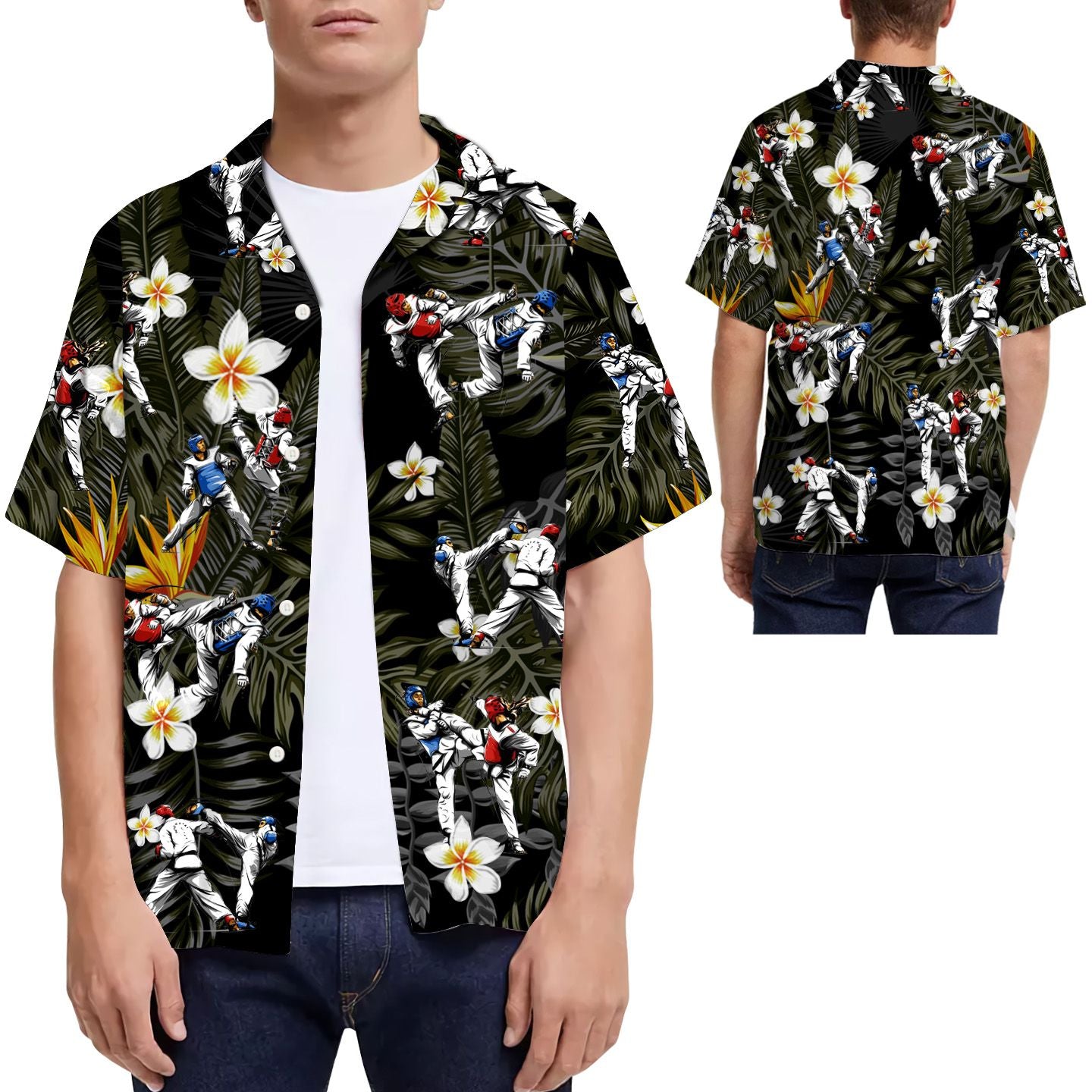 Taekwondo Tropical Flowers Men Hawaiian Shirt For Martial Arts Lovers{Size}