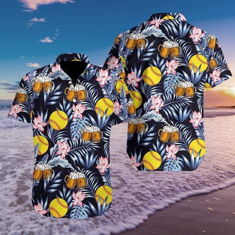 Softball And Beer Tropical Hawaiian Aloha Shirts 119H{Size}