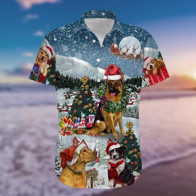 Shop Lovely Dogs Under Christmas Snowy Hawaiian Aloha Shirts{Size}