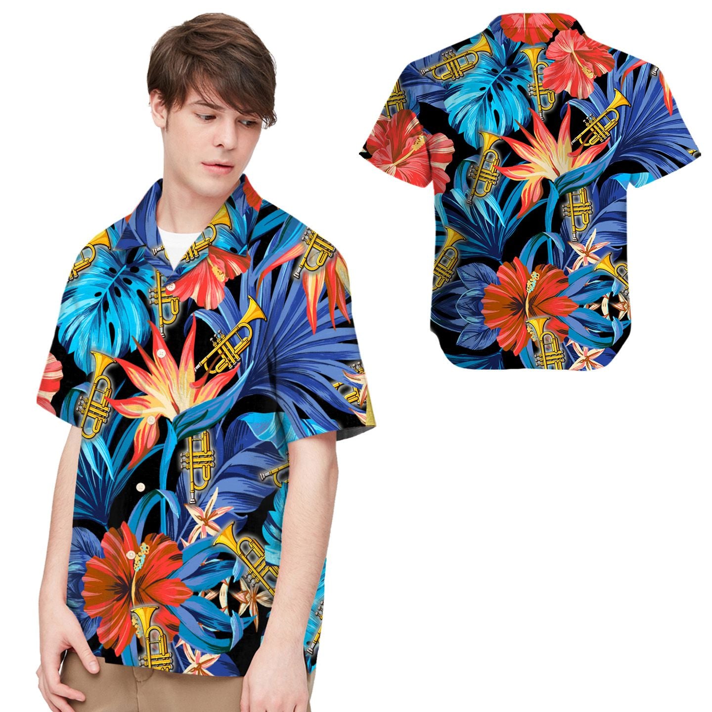 Trumpet Tropical Leaves Men Hawaiian Shirt For Trumpetersin Daily Life{Size}