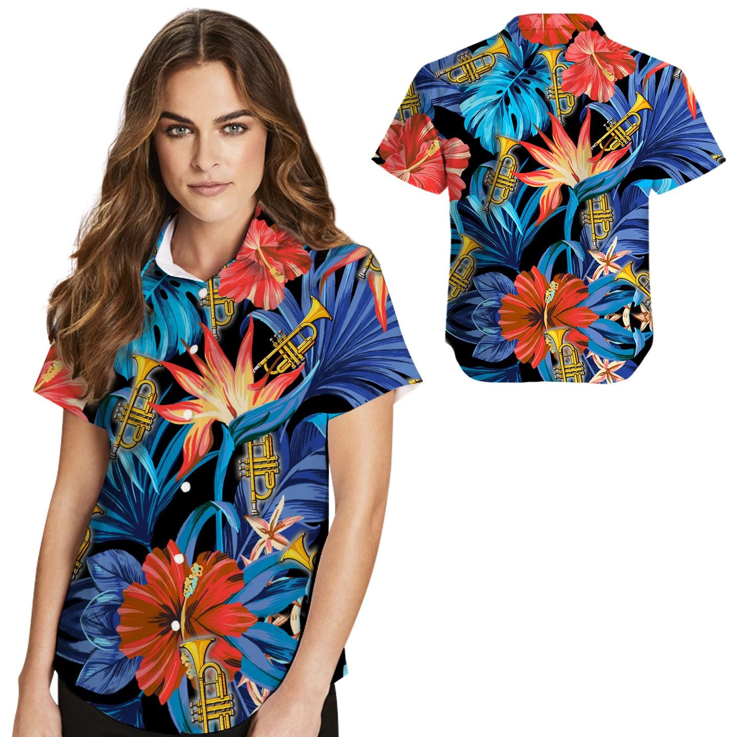 Trumpet Tropical Leaves Women Hawaiian Shirt For Trumpetersin Daily Life{Size}