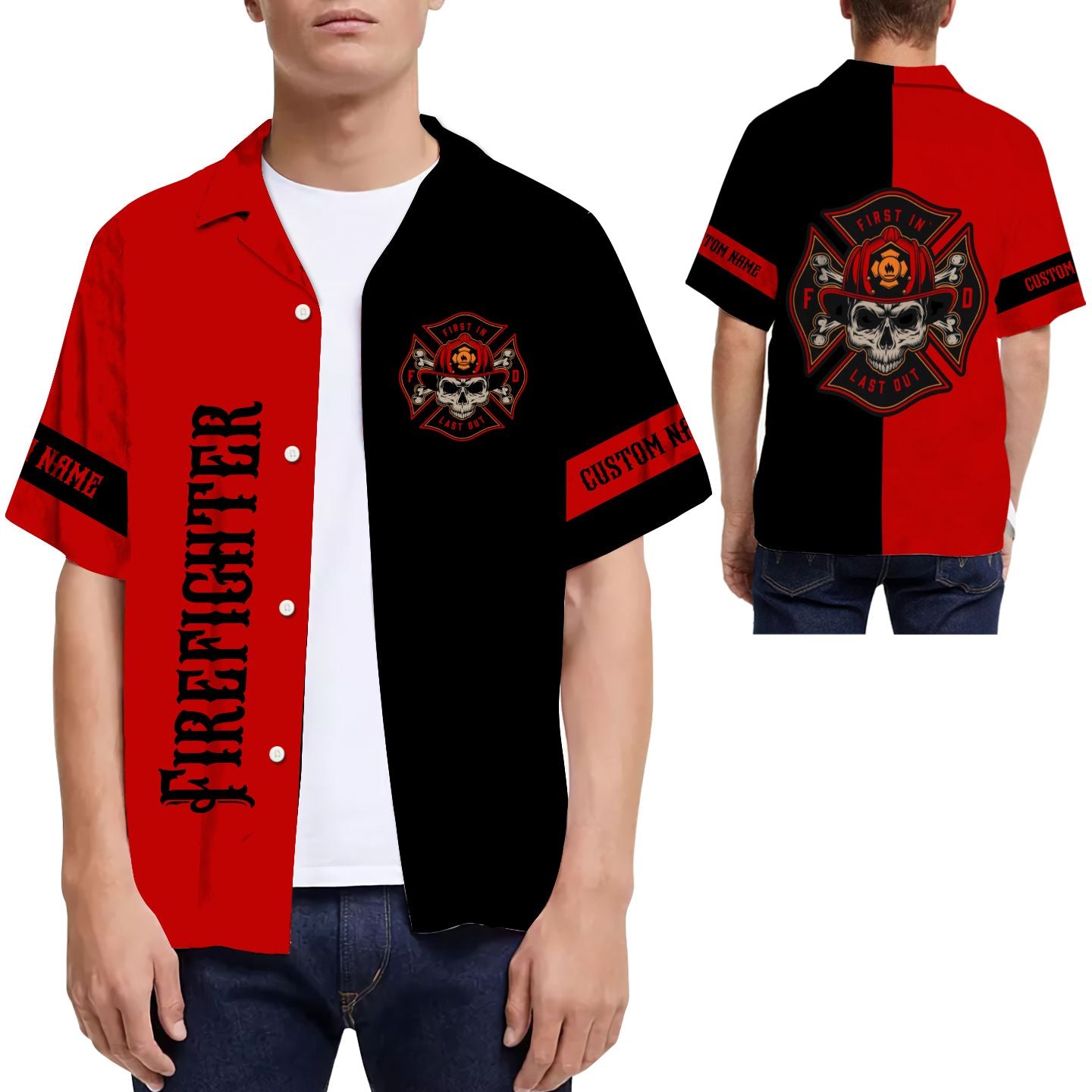 Skull Firefighter Custom Name Hawaiian Shirt For Men For Firefighter{Size}