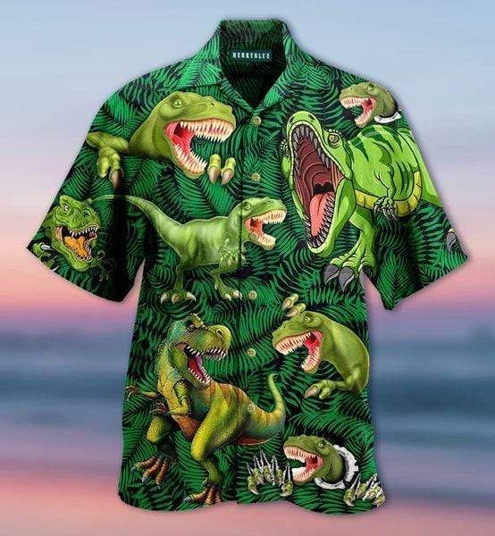 T-Rex Dinosaur Green Unisex Hawaiian Aloha Shirts{Size}