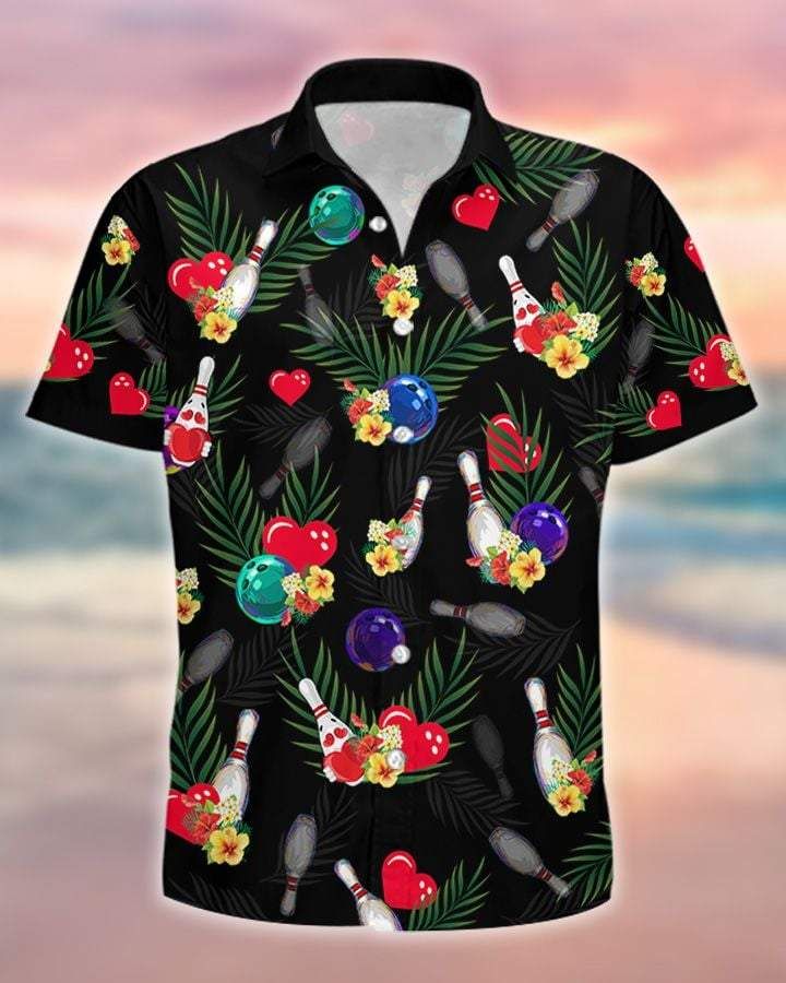 Simple Tropical Bowling Heart Black Unisex Hawaiian Aloha Shirts{Size}